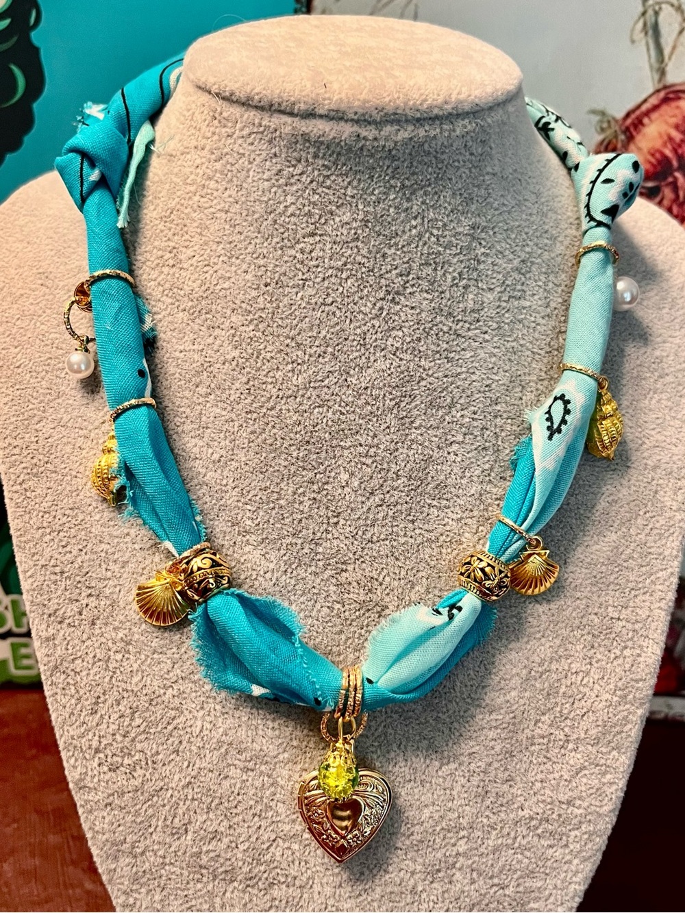 Aqua and Seafoam Twisted Bandana Necklace Heart Locket Ocean Life Theme 28”